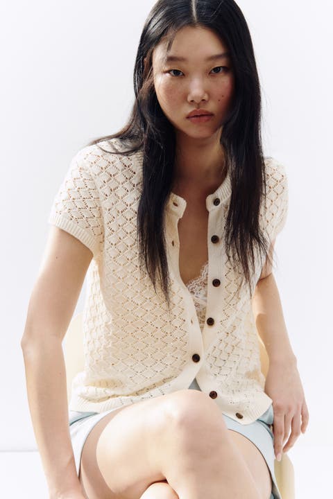 Cap-sleeved pointelle-knit cardigan