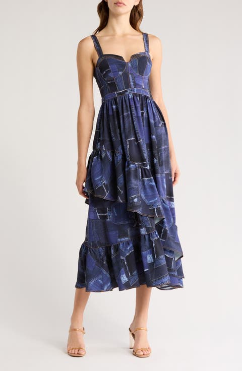 Jordyn Patchwork Denim Ruffle Midi Dress