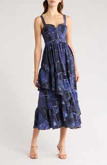 Cinq à Sept Jordyn Patchwork Denim Ruffle Midi Dress