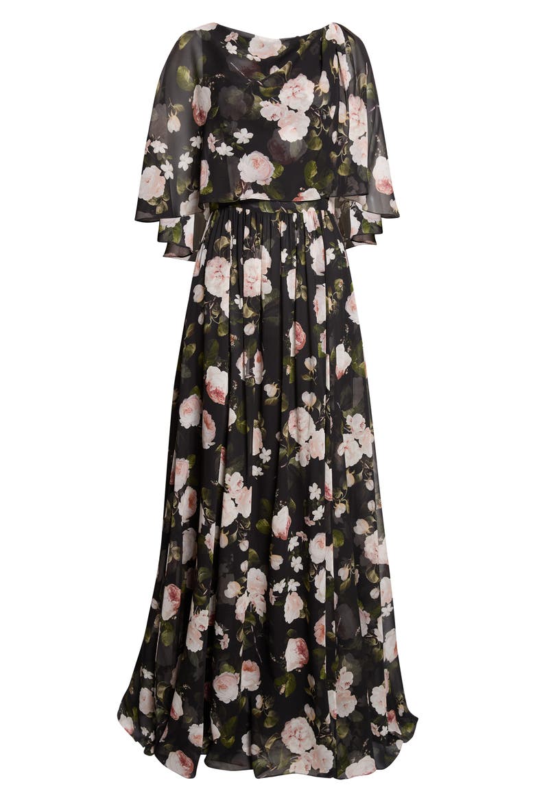 Floral Off the Shoulder Silk Chiffon Gown, Alternate, color, BLACK MULTI