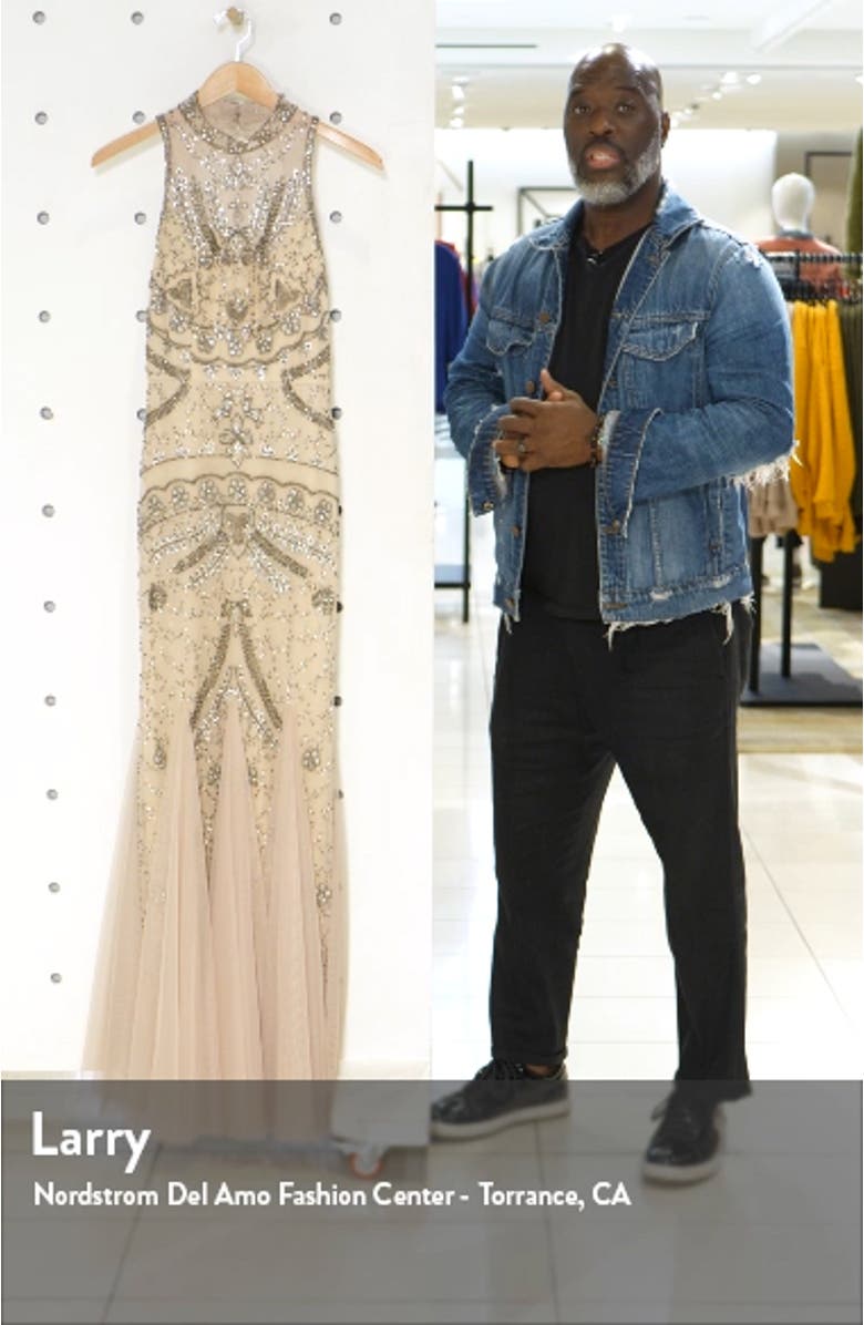 Xscape Embellished Godet Mermaid Gown, sales video thumbnail