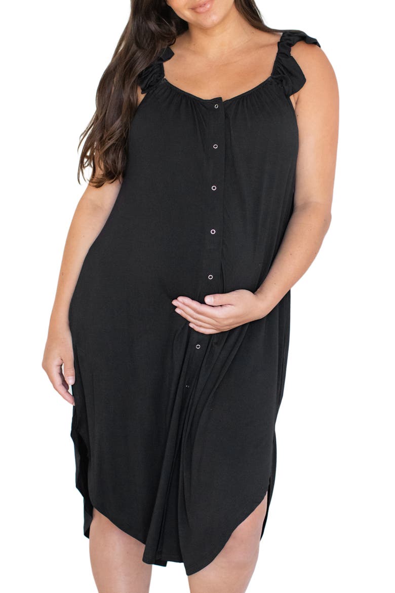 Ruffle Strap Labor & Delivery Gown, Main, color, BLACK
