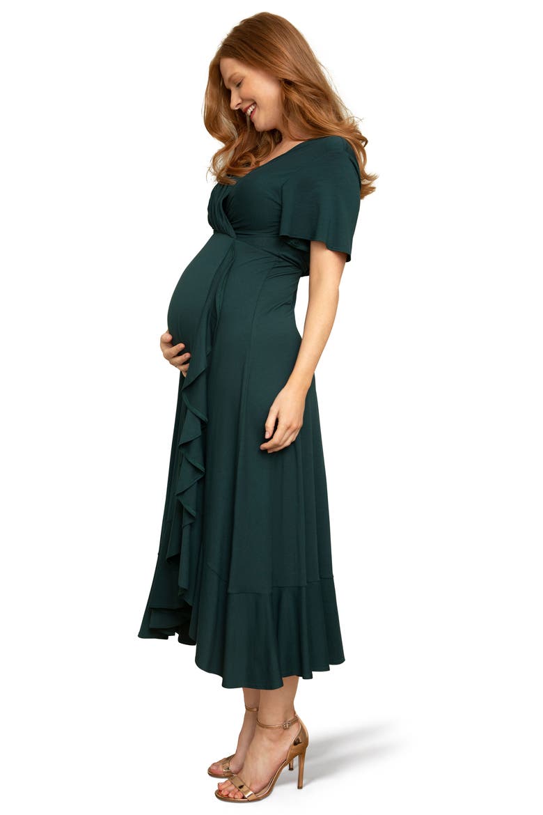 Waterfall Flutter Sleeve Midi Maternity Dress, Alternate, color, DEEP GREEN