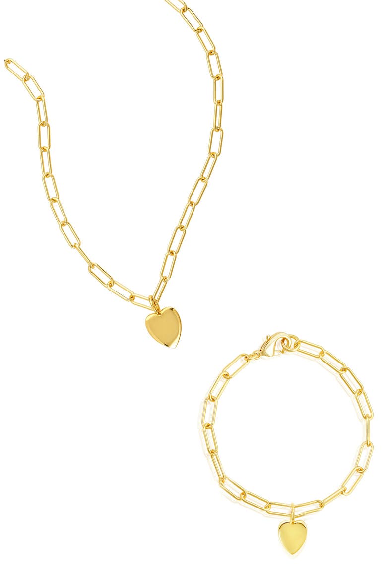 Heart Charm Paper Clip Chain Bracelet & Necklace Set, Main, color, GOLD