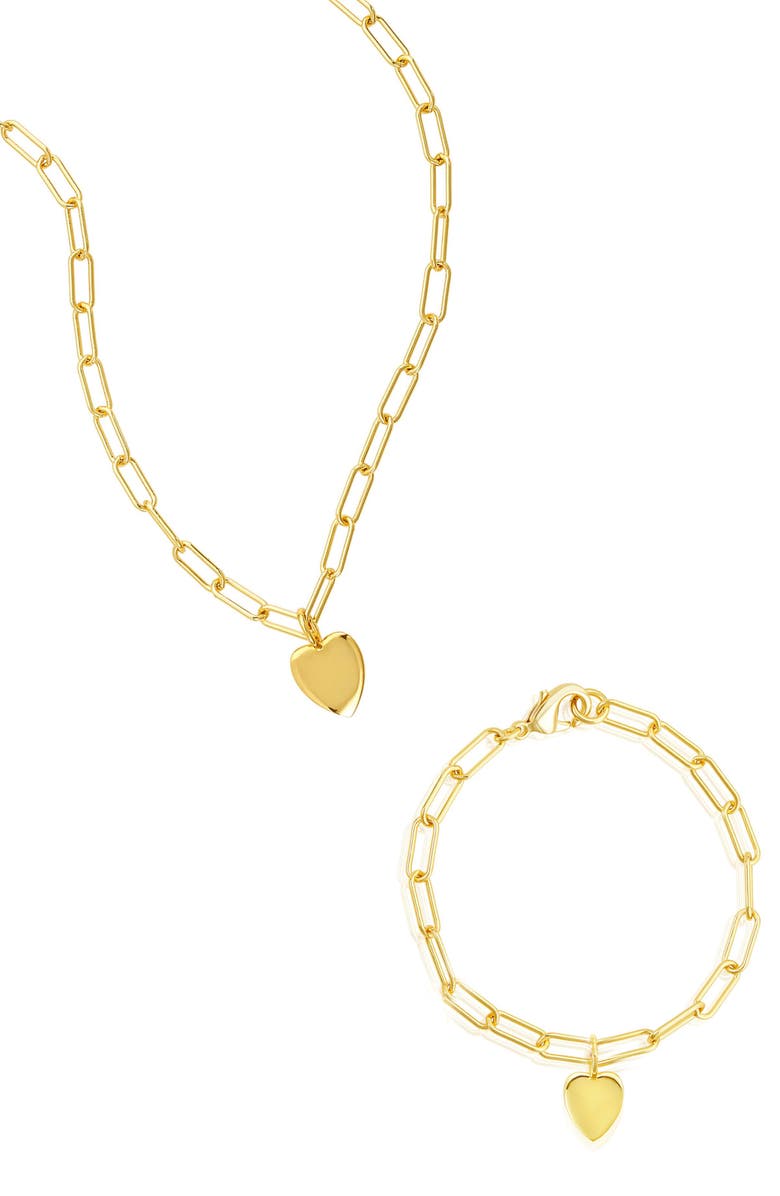 Adornia Heart Charm Paper Clip Chain Bracelet & Necklace Set, Main, color, Gold