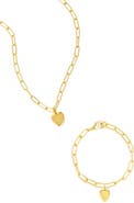 Adornia Heart Charm Paper Clip Chain Bracelet & Necklace Set