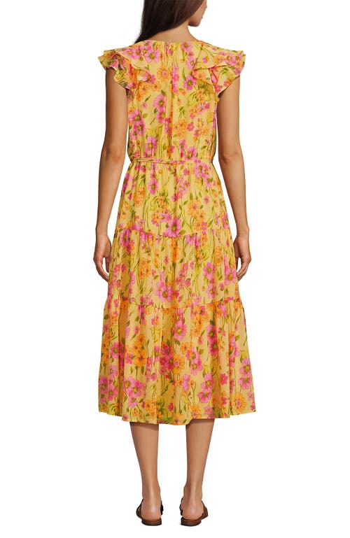 LANDS' END LANDS' END RUFFLE SLEEVE CHIFFON TIERED MIDI DRESS