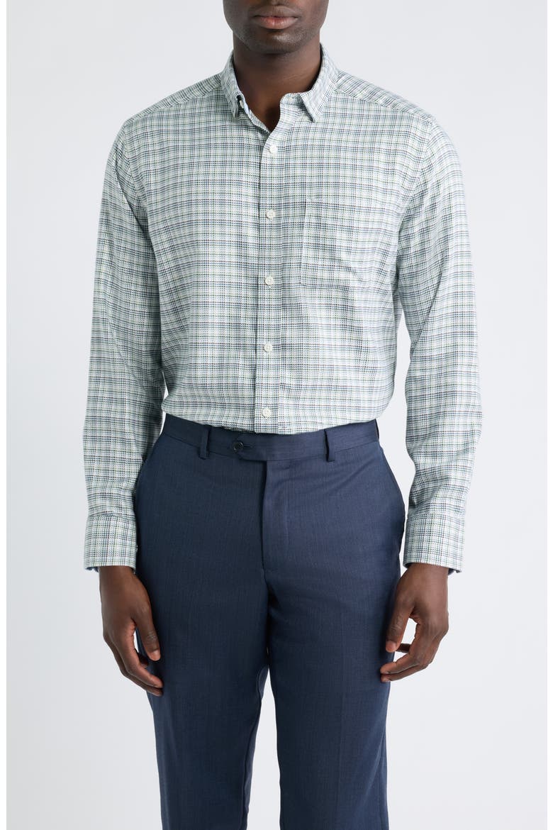Ovation Check Non-Iron Cotton Button-Up Shirt, Main, color, GREEN/ NAVY HOUNDSTOOTH
