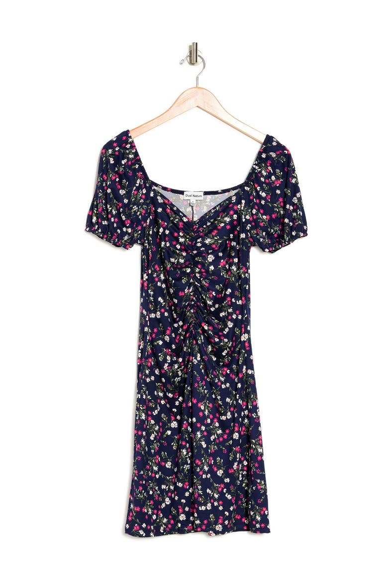 Puff Sleeve Ruched Dress, Alternate, color, NAVY/ FUSCHIA/ WHITE