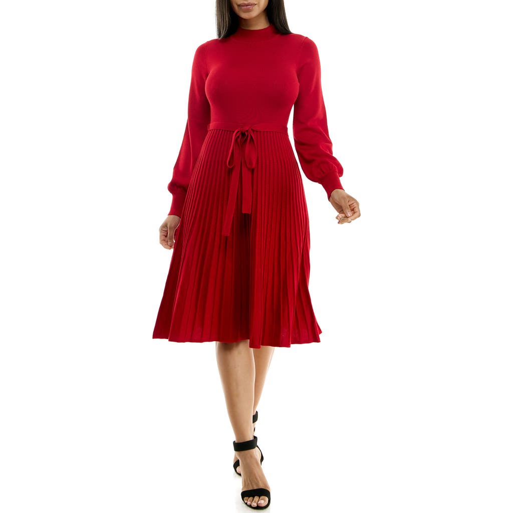 Nina Leonard Mock Neck Long Sleeve Midi Sweater Dress In Red