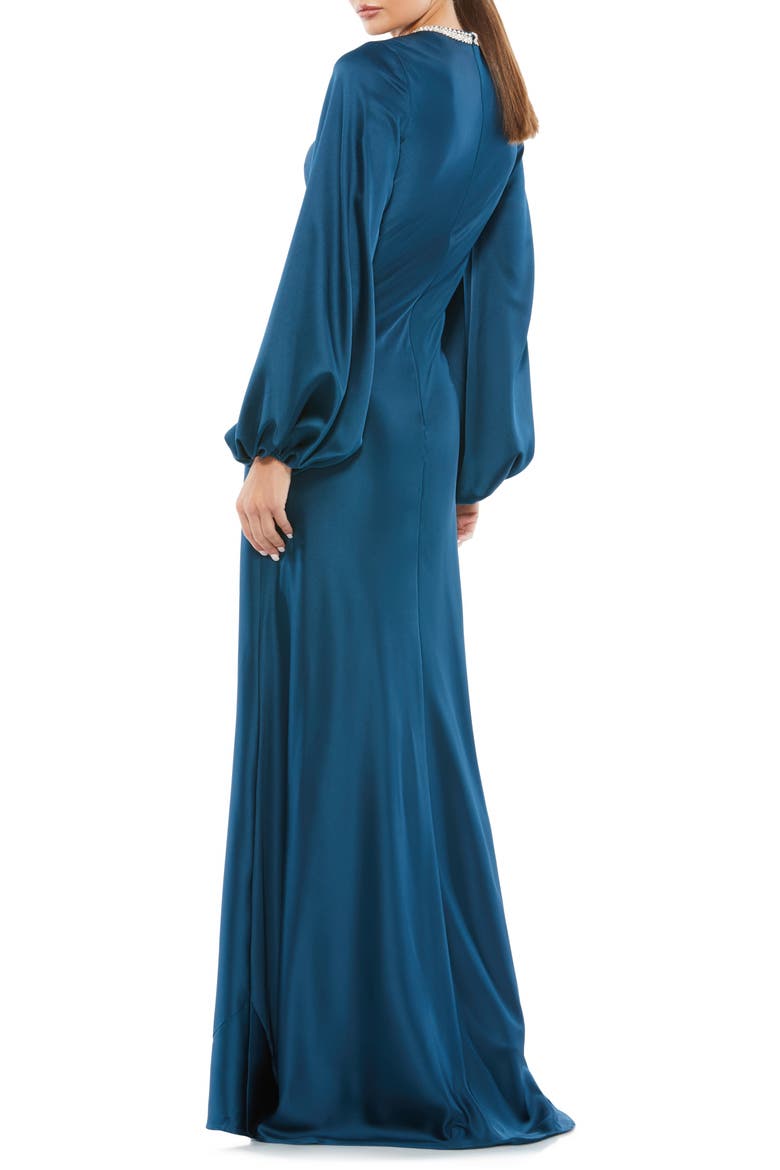 Beaded High Neck Bishop Sleeve Satin Gown, Alternate, color, SAPPHIRE