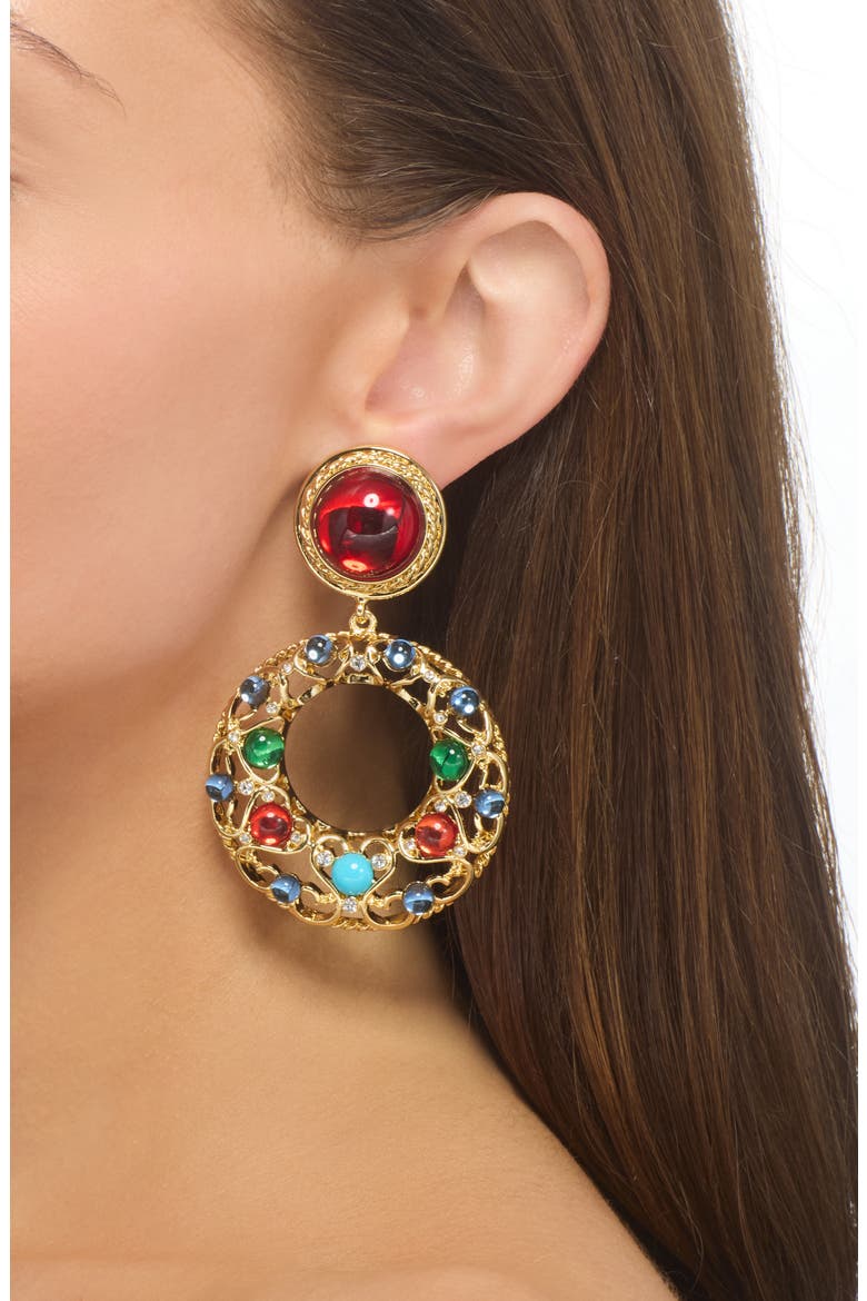 Cabochon Crystal Drop Hoop Earrings, Alternate, color, GOLD