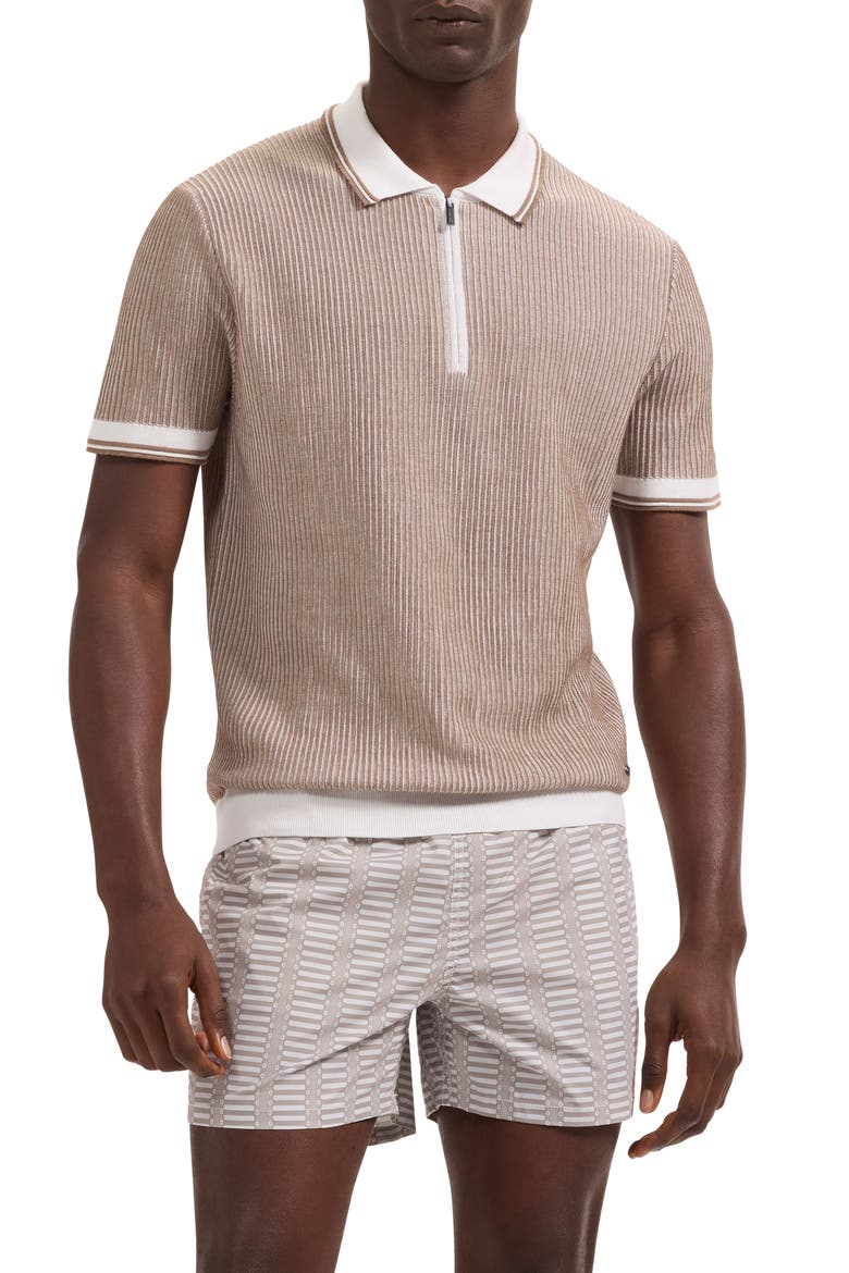 Ottoman Stitch Cotton & Silk Quarter Zip Polo Sweater, Main, color, TOBACCO