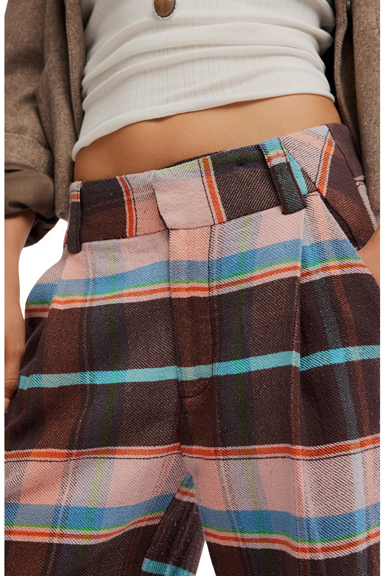 Plaid Back Buckle Cotton Pants, Alternate, color, BROWN COMBO
