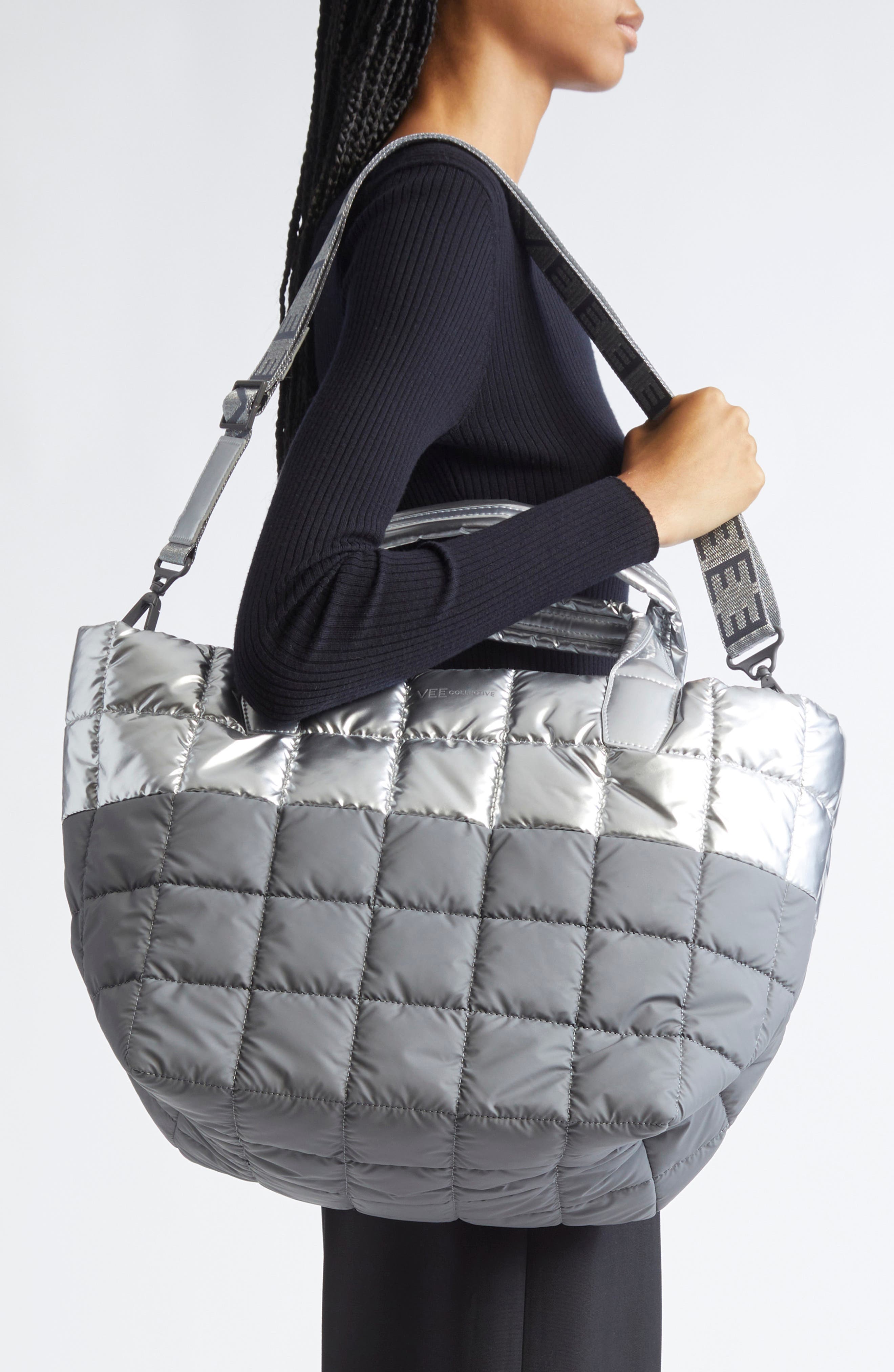 VeeCollective Medium Porter Quilted Recycled Nylon Tote, Alternate, color, Silver Grey Mul