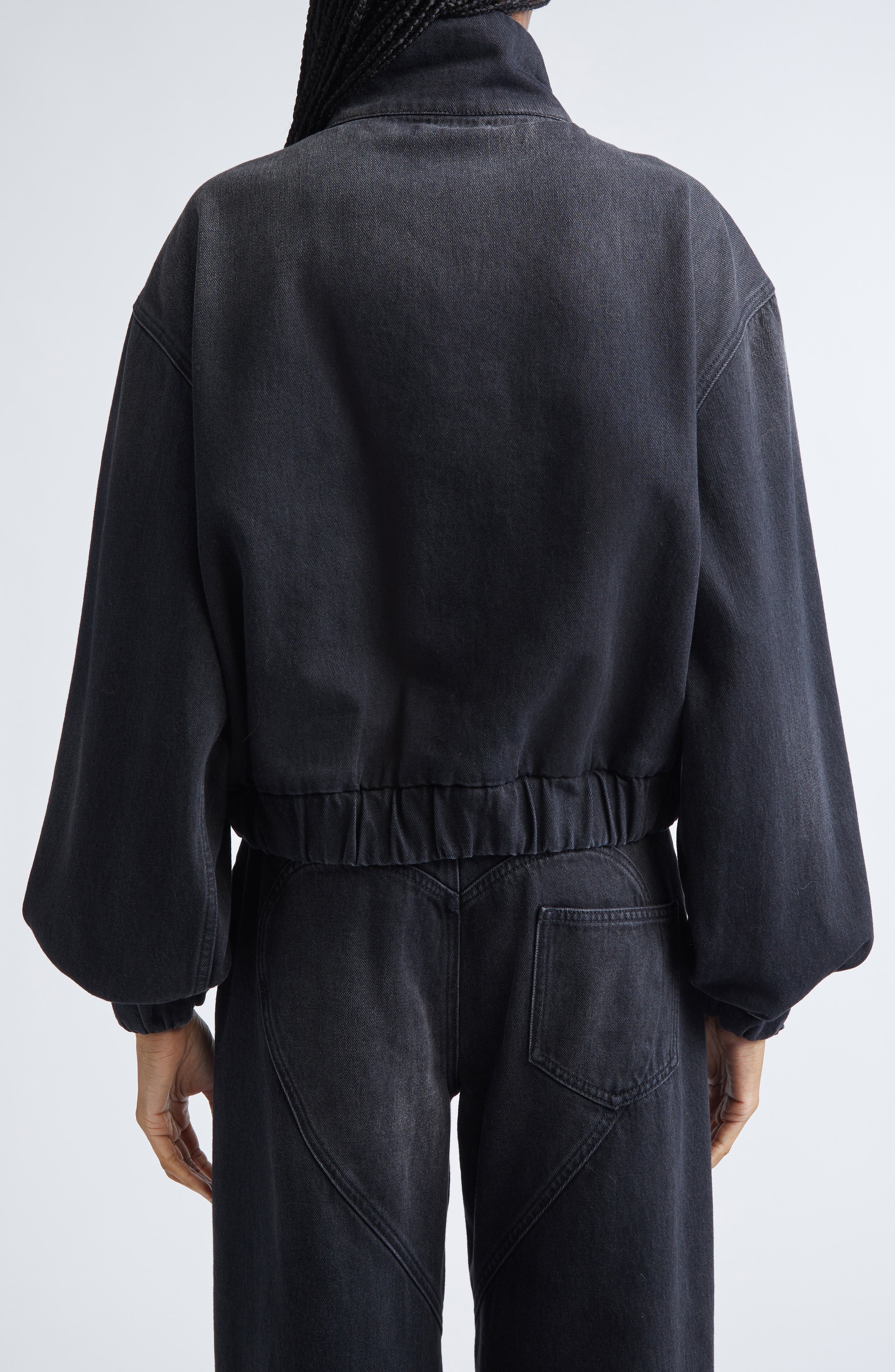 Crystal Chain Cutout Denim Bomber Jacket - image 2