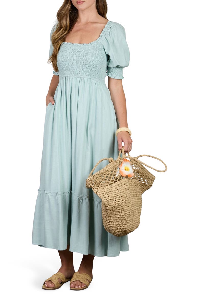 Smocked Puff Sleeve Midi Dress, Main, color, SAGE