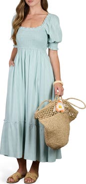 AUGUST SKY Smocked Puff Sleeve Midi Dress