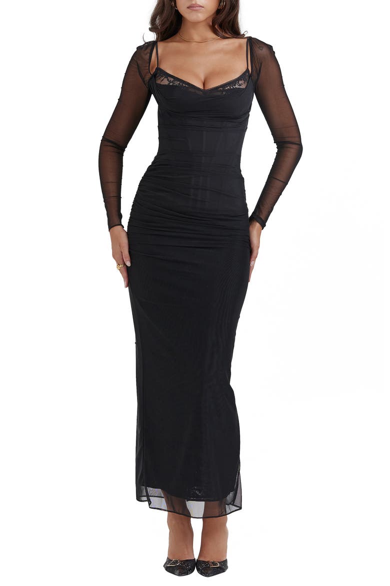 Katrina Lace Mesh Long Sleeve Gown, Main, color, BLACK