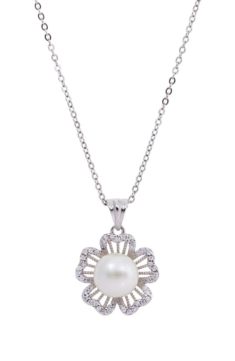 SAVVY CIE JEWELS Cultured Pearl & CZ Flower Pendant Necklace, Main, color,