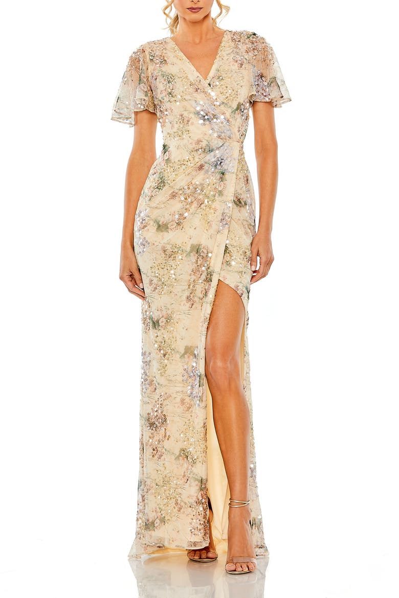 Embellished Butterfly Sleeve Faux Wrap Gown, Main, color, Champagne