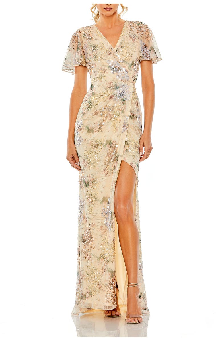 Mac Duggal Embellished Butterfly Sleeve Faux Wrap Gown, Main, color, Champagne