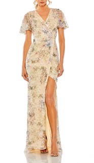 Mac Duggal Embellished Butterfly Sleeve Faux Wrap Gown