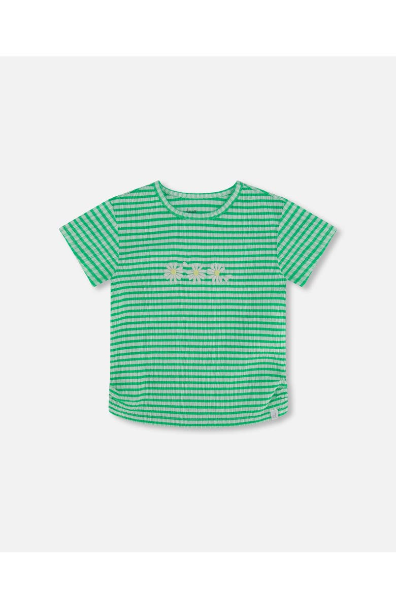 Deux par Deux Little Girl's Crinkle Jersey Top With Flower Applique Vichy Green, Main, color, 
