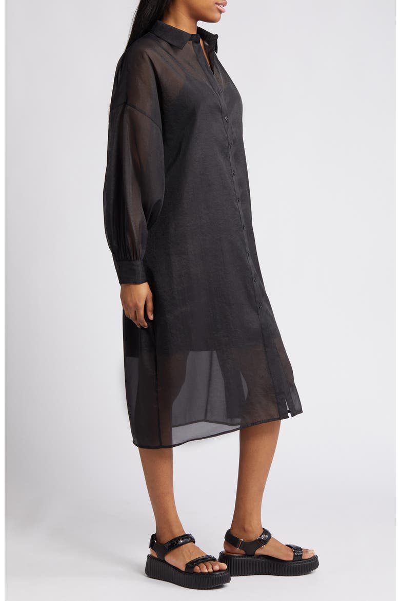 Barely There Long Sleeve Semisheer Shirtdress, Alternate, color, BLACK