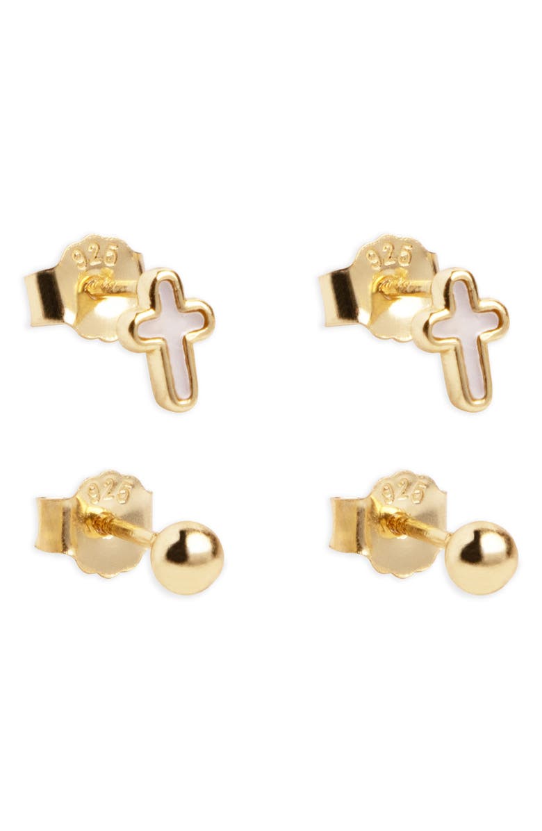 Argento Vivo Sterling Silver Cross Ball Post Set of 2 Stud Earrings, Main, color, Gold