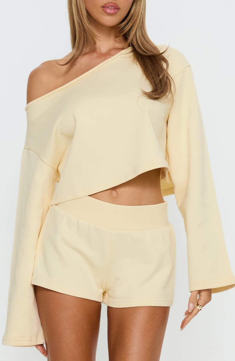 Princess Polly Retreat Raw Edge One-Shoulder Sweatshirt, Main, color, Buttercream