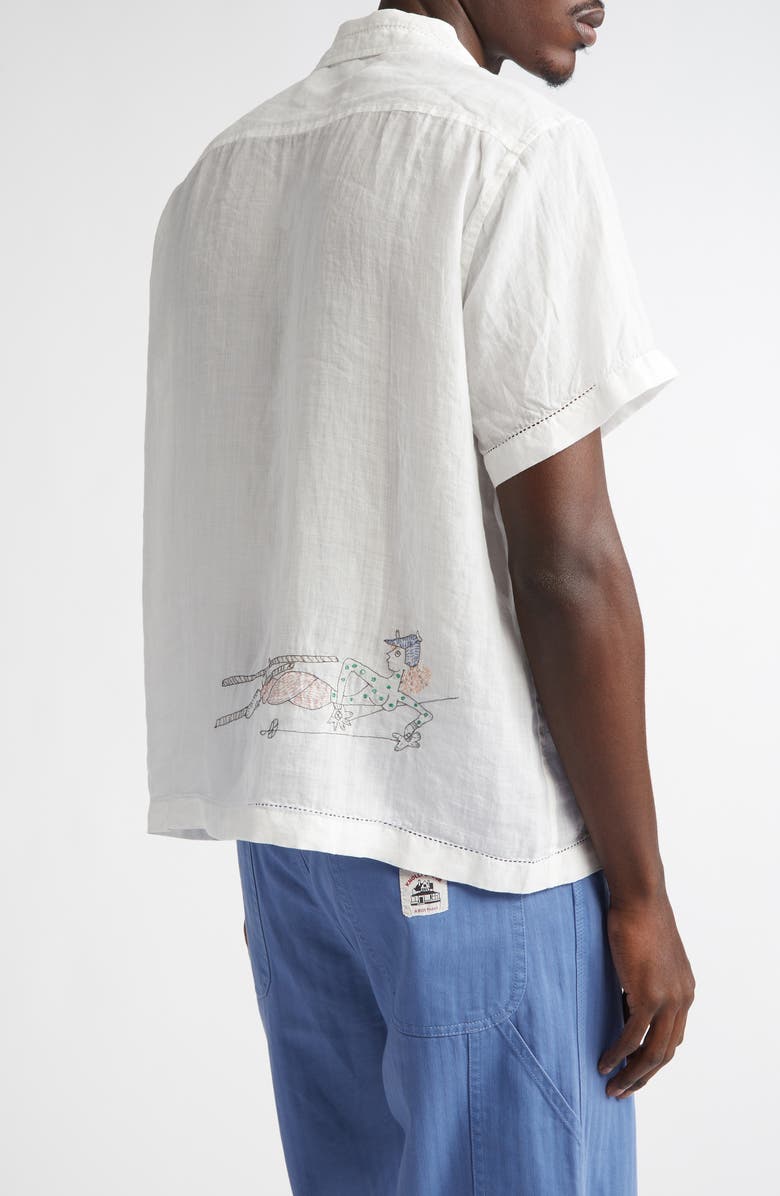 Bode Skiers Embroidered Linen Camp Shirt, Alternate, color, White Multi