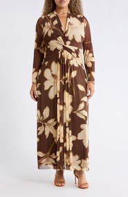 Anne Klein Floral Print Twist Front Long Sleeve Maxi Dress