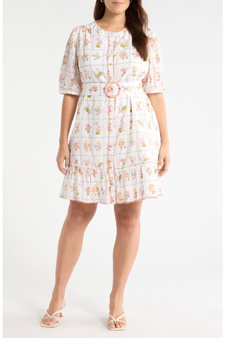 Diane Floral Redna Belted Cotton Button-Up Minidress, Main, color, CORAL-MULTI