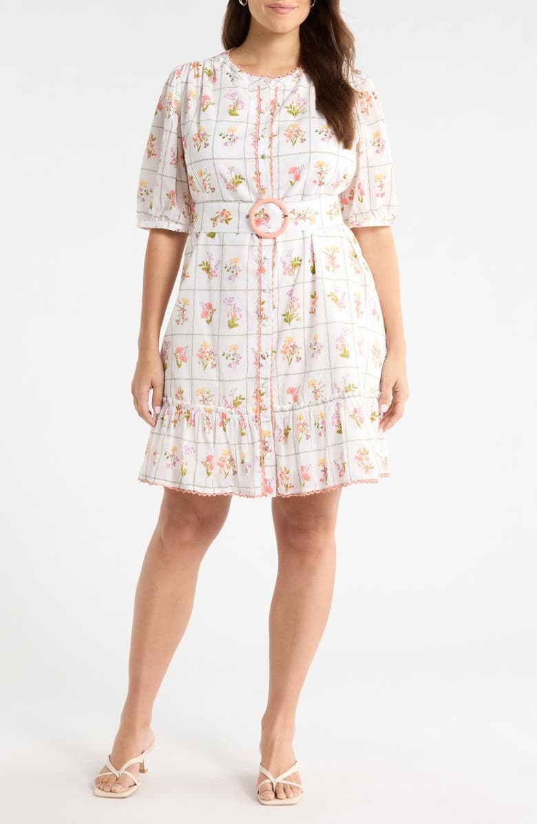 SUGARLIPS Diane Floral Redna Belted Cotton Button-Up Minidress, Main, color, Coral-Multi