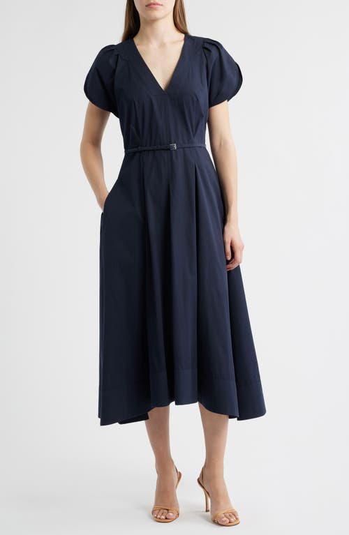 Hugo Boss Boss Demnilia Belted Cotton Blend Midi Dress In Blue