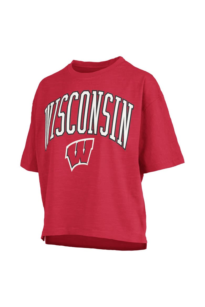 Women's Pressbox Red Wisconsin Badgers Nelson Arch Over Logo Waist Length Oversized Slub T-Shirt, Alternate, color, Red