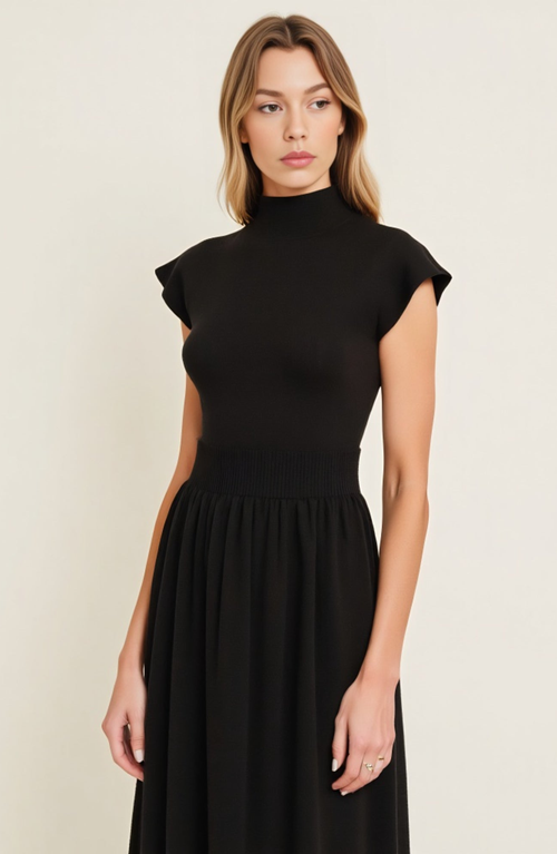 Modenaire Scallop Edge Mock Neck Sleeveless Knit Midi Dress With Flared Skirt