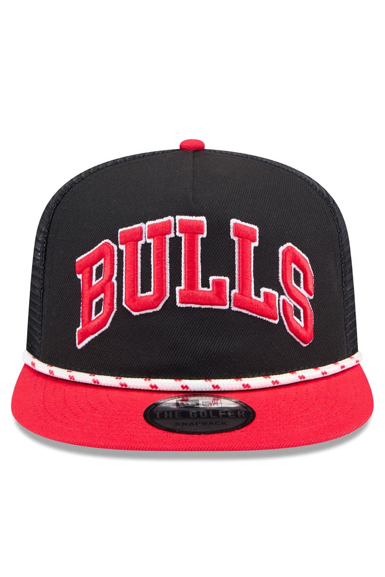 Men's New Era Black/Red Chicago Bulls Throwback Team Arch Golfer Snapback Hat, Alternate, color, Black