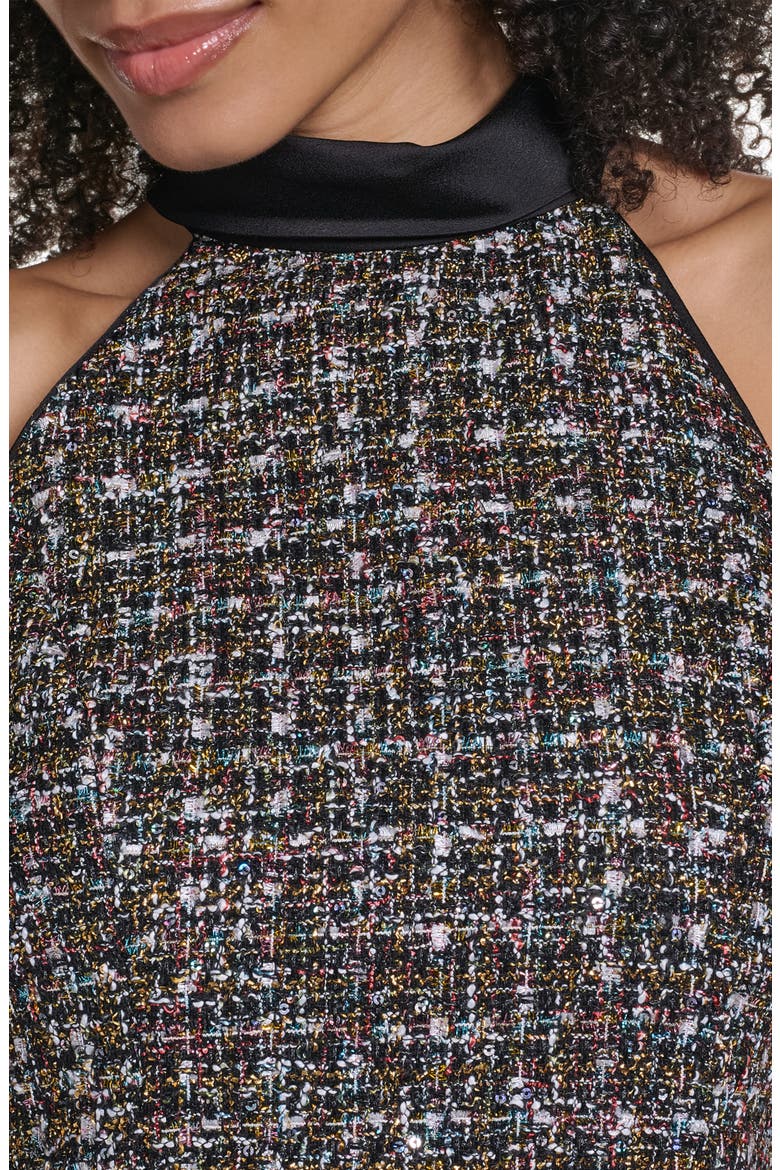 Satin Collar Tweed Fit & Flare Dress, Alternate, color, BLACK MULTI
