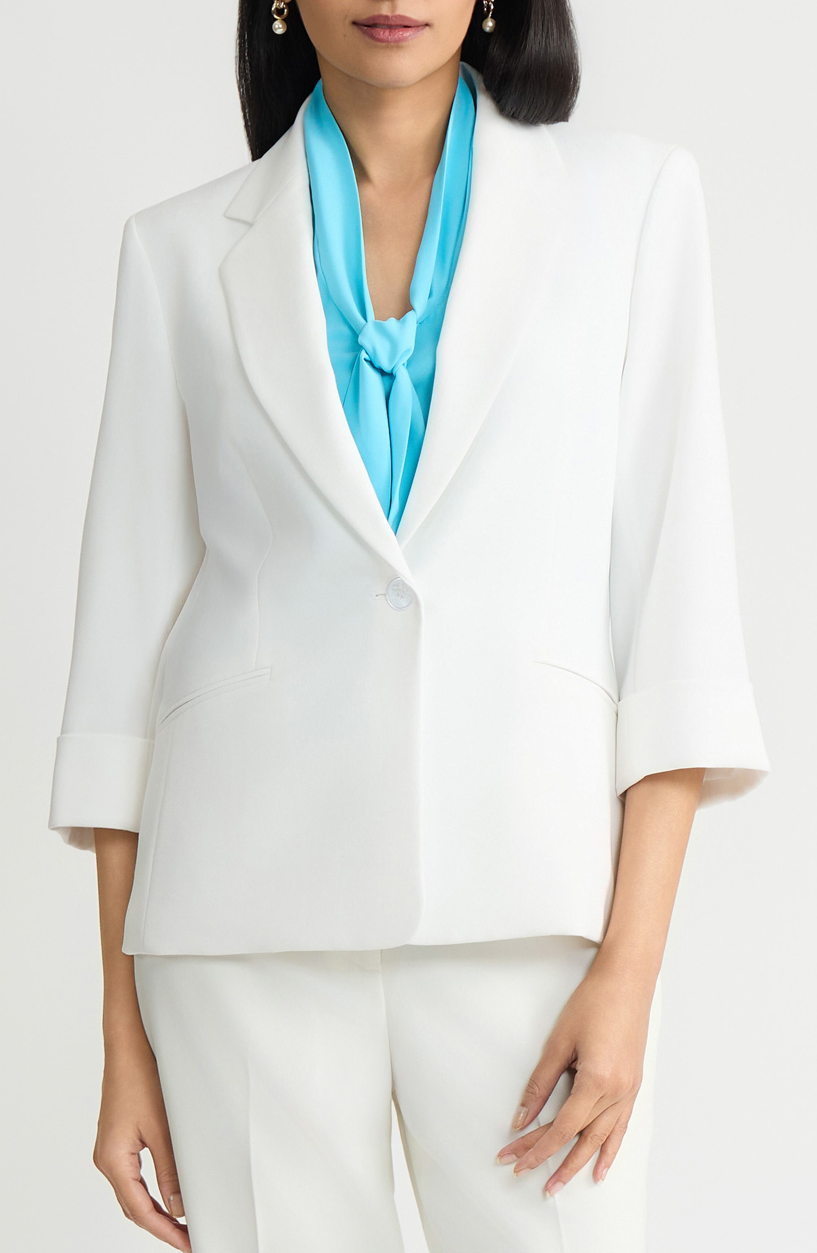 Kasper Cuff Sleeves Stretch Crepe One-button Blazer In White