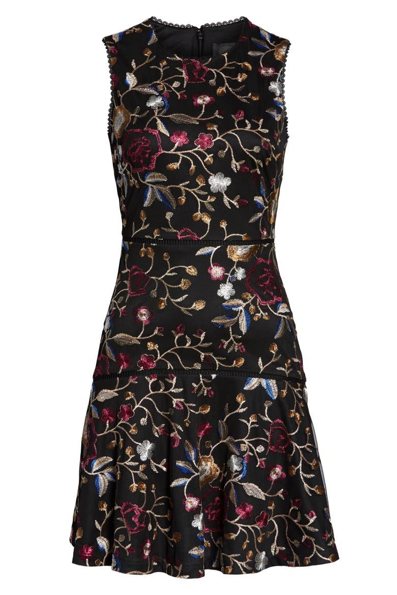 Embroidered Mesh Fit & Flare Dress, Alternate, color, BLACK MULTI