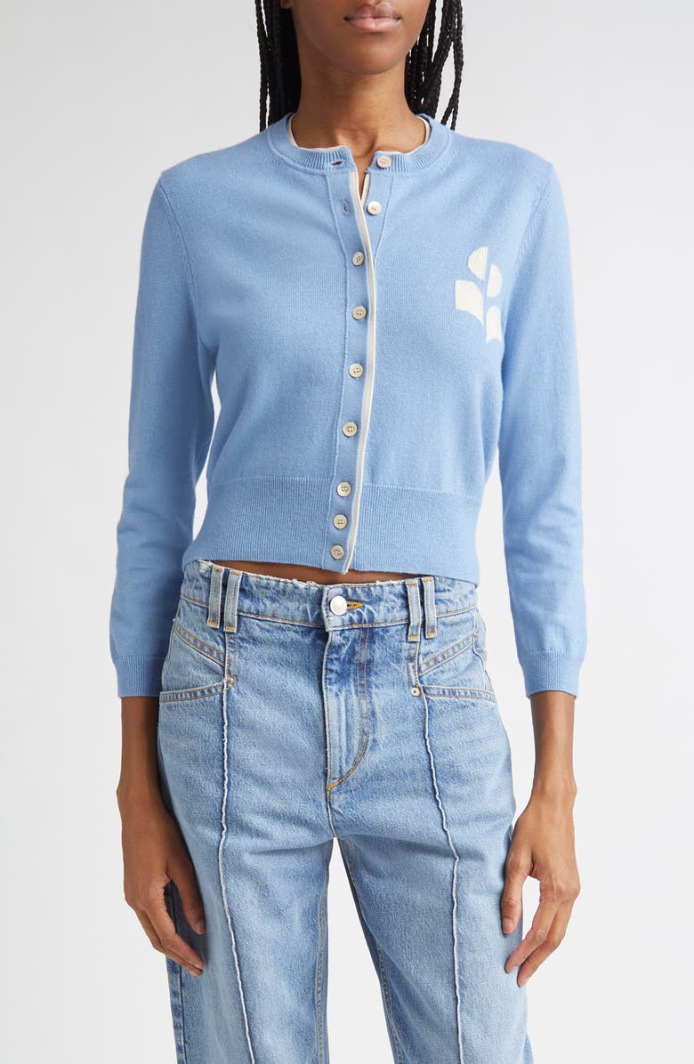 Isabel Marant Étoile Lona Intarsia Cotton & Wool Cardigan, Main, color, Dusky Blue/ Light Grey