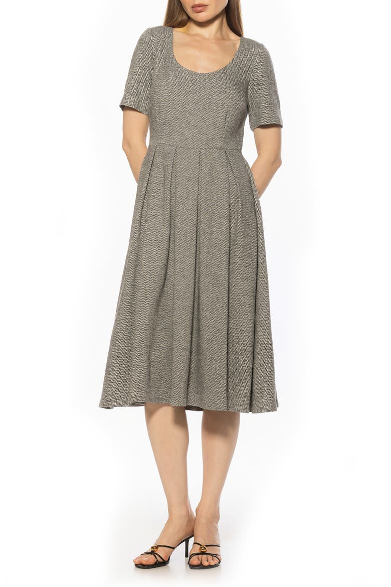 Imani Short Sleeve Pleated Dress, Main, color, GREY HERRINGBONE