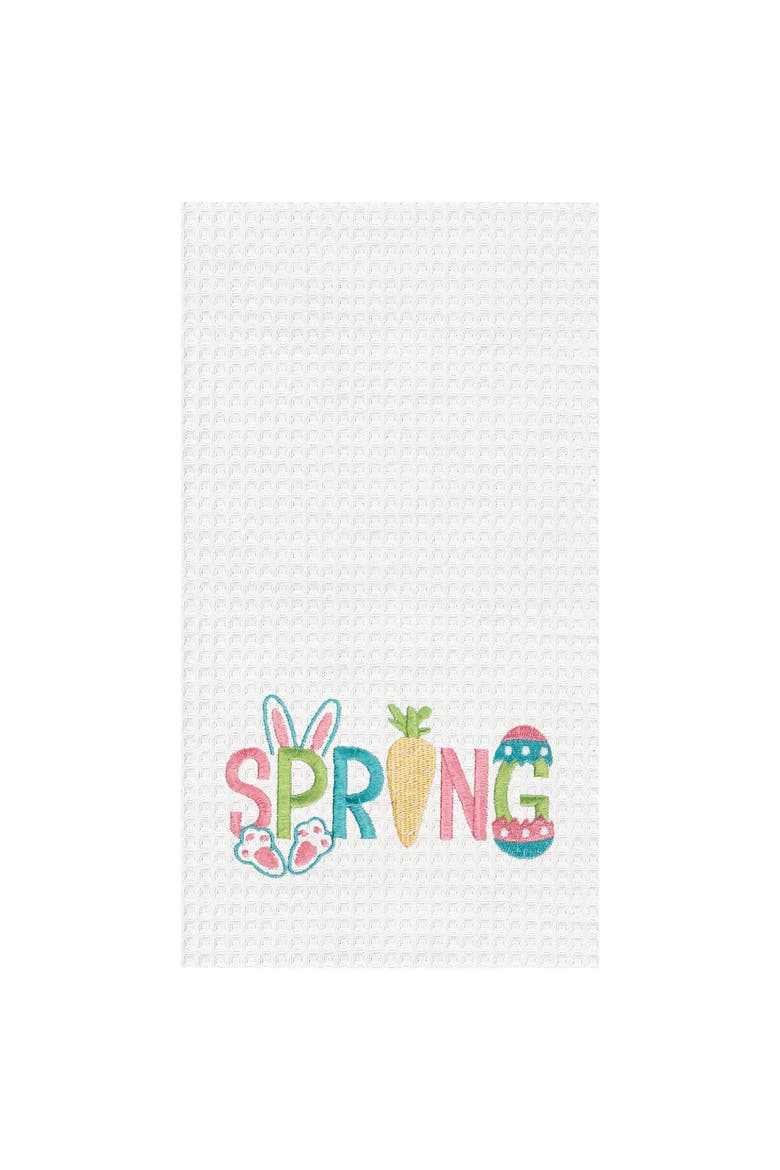 "Spring" Easter Egg Bunny Rabbit Embroidered Cotton Waffle Weave Kitchen Dishtowel, Main, color, White