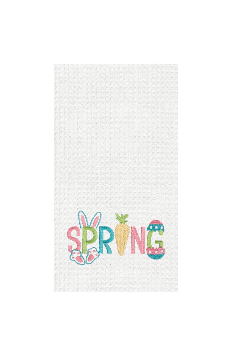 C&F Home "Spring" Easter Egg Bunny Rabbit Embroidered Cotton Waffle Weave Kitchen Dishtowel, Main, color, White