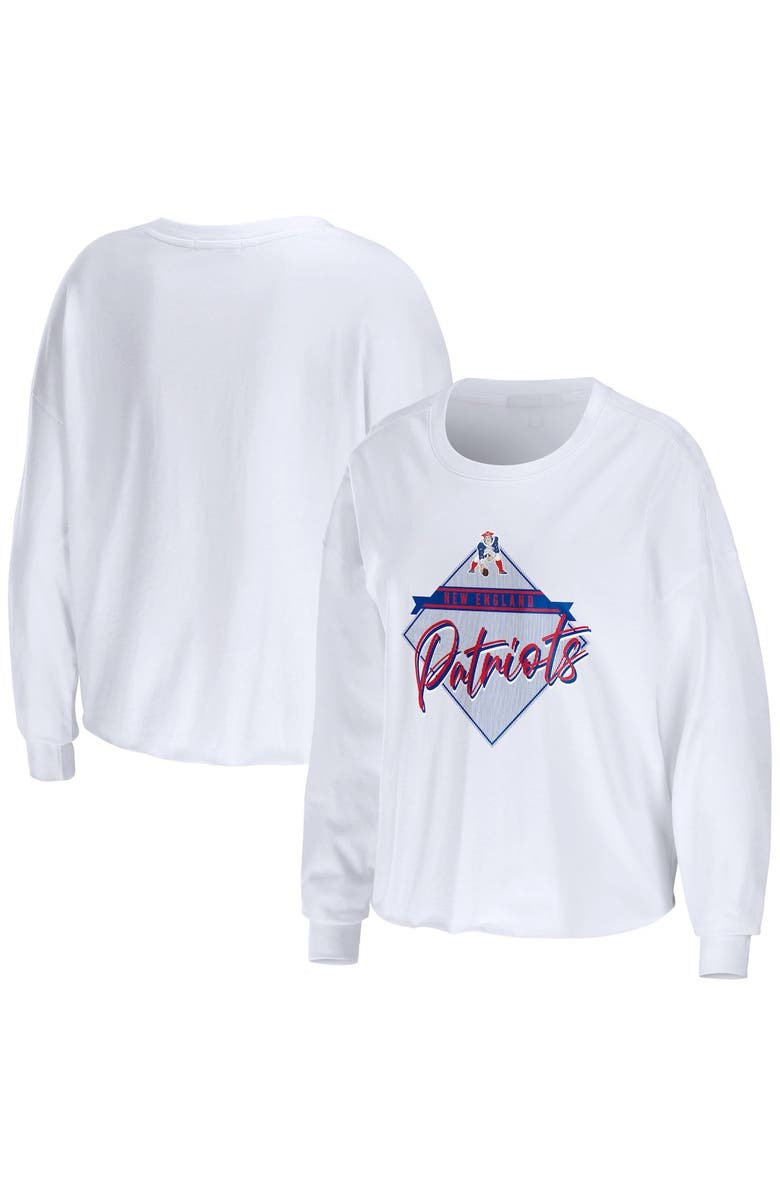 WEAR by Erin Andrews Women's WEAR by Erin Andrews White New England Patriots Domestic Cropped Long Sleeve T-Shirt, Main, color, 