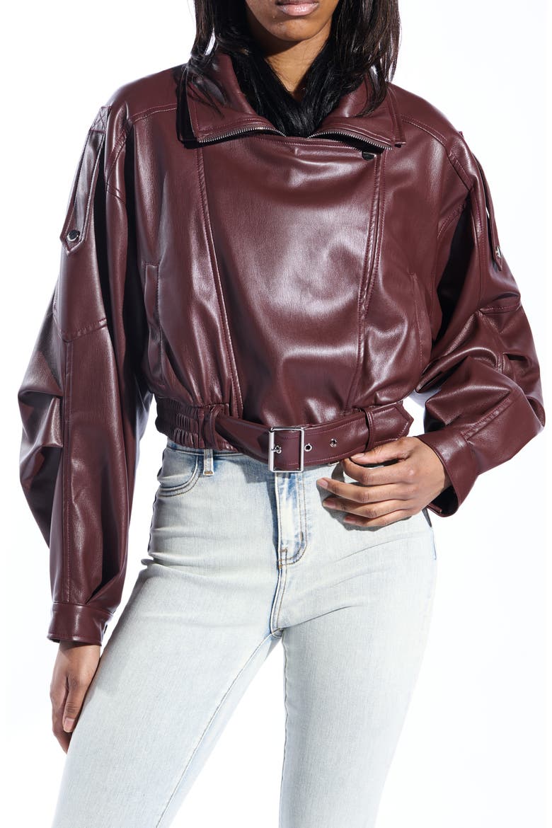 Faux Leather Moto Jacket, Main, color, BURGUNDY