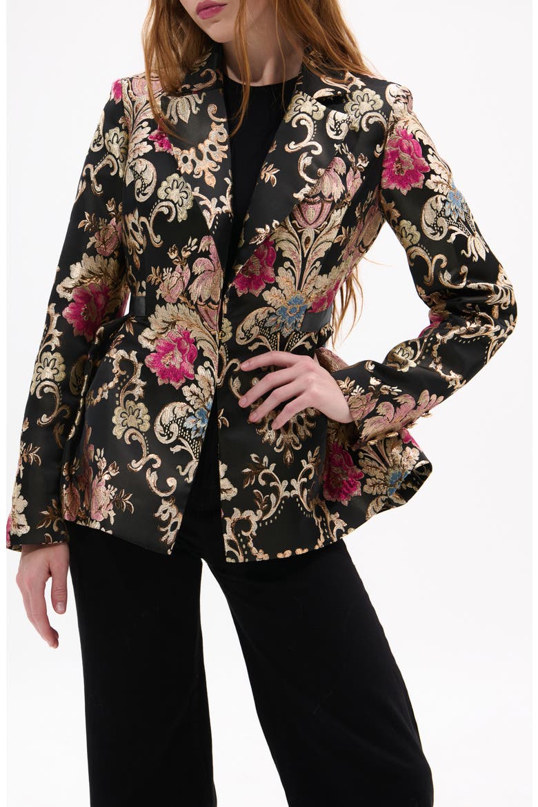 Metallic Floral Jacquard Peplum Blazer, Main, color, BLACK MULTI