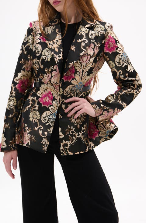 Metallic Floral Jacquard Peplum Blazer